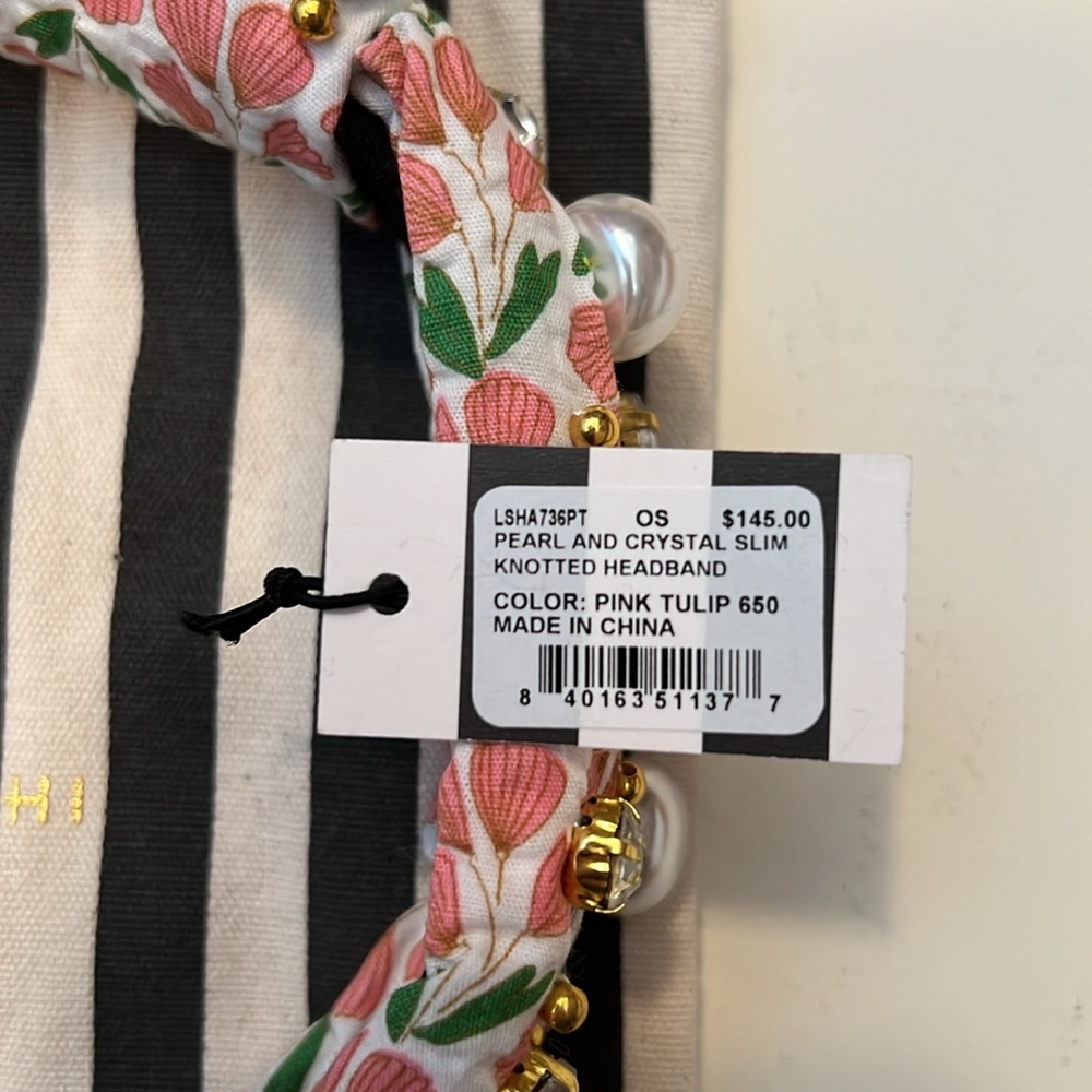 NWT Lele Sadoughi Pearl and Crystal Slim Knotted Headband Pink Tulip. - Picture 3 of 3